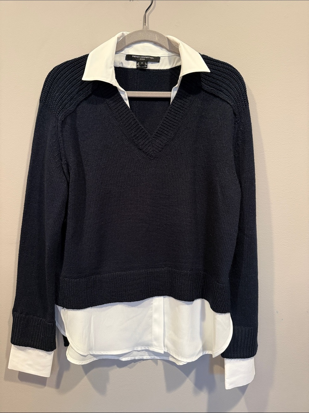 French Connection Black V-Neck Sweater with White Shirt Hem